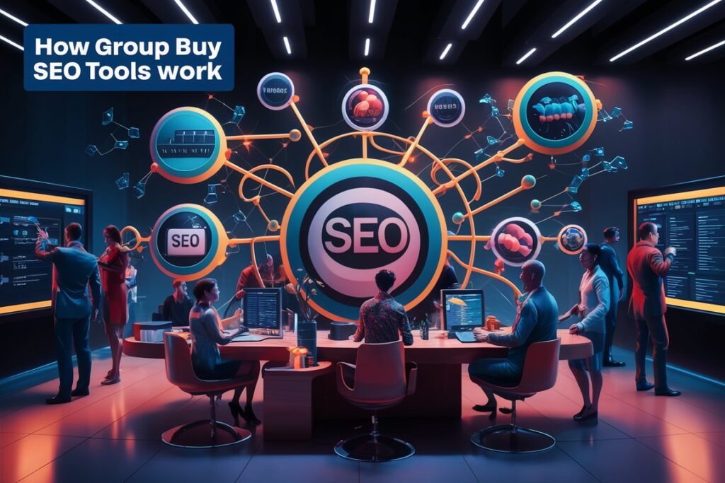 Visually appealing image showing the process of group buy SEO tools with interconnected users and split subscription costs.