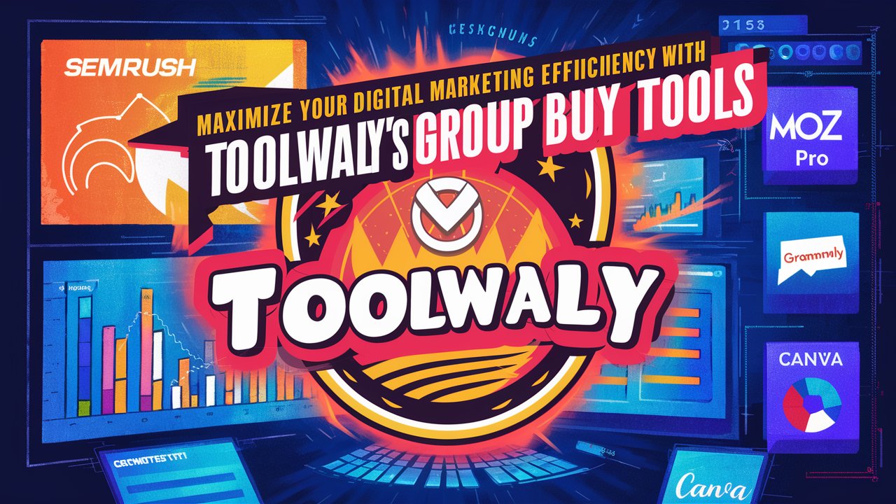 Toolwaly logo with marketing tool icons and digital marketing elements, featuring the title "Maximize Your Digital Marketing Efficiency with Toolwaly's Group Buy Tools.