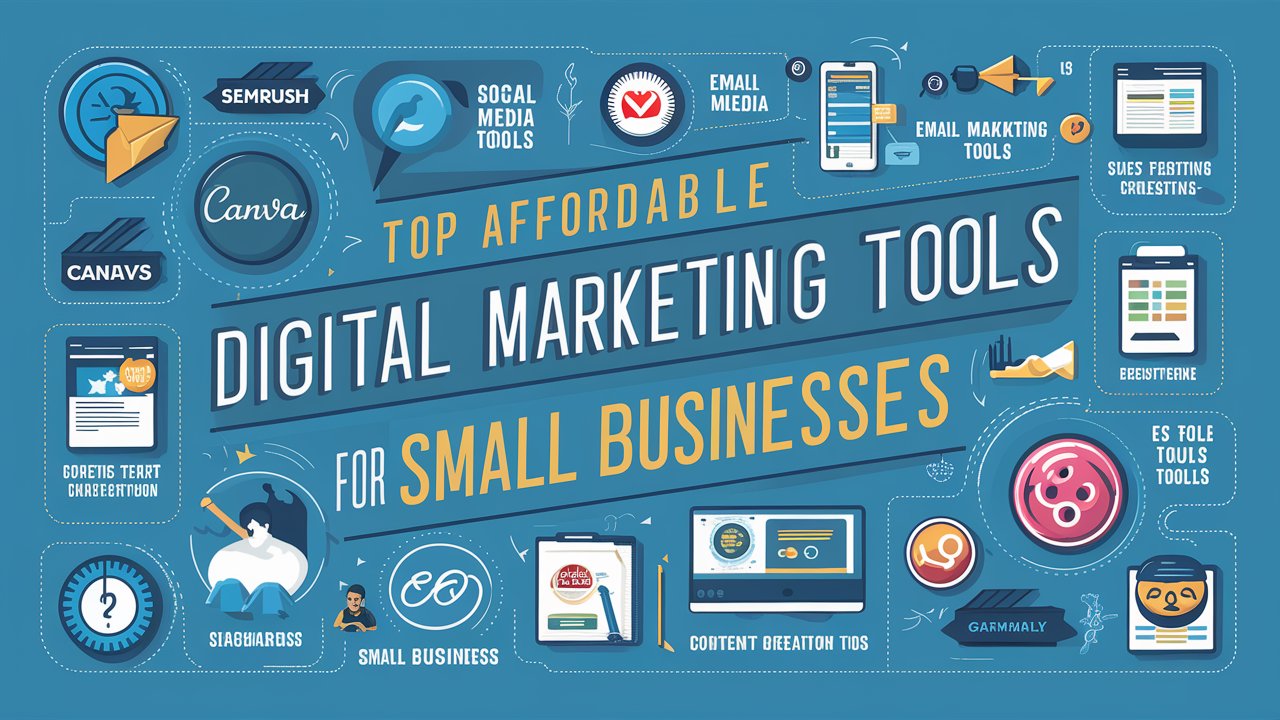 Image showcasing various affordable digital marketing tools for small businesses with the title "Top Affordable Digital Marketing Tools for Small Businesses".